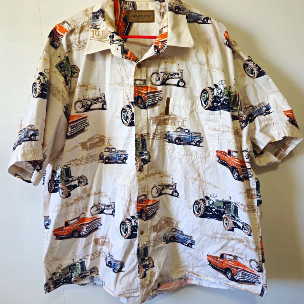 Vtg Clearwater Outfitters Shirt XXL AOP Farm Tractor Pickup Truck Cotton Novelty